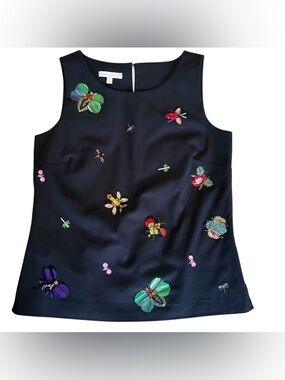 Talbots navy blue sequin and beaded dragonfly and bug sleeveless top size 2